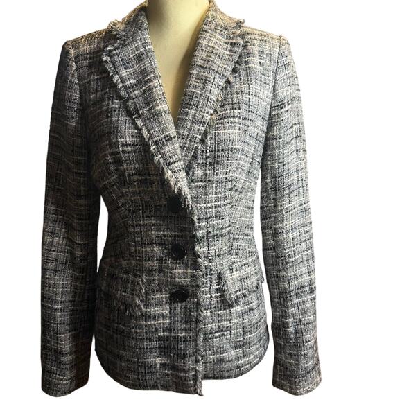 DKNY Tweed Blazer Jacket, Black Gray Frayed Edge Boucle Career, Size 4 - Picture 1 of 10